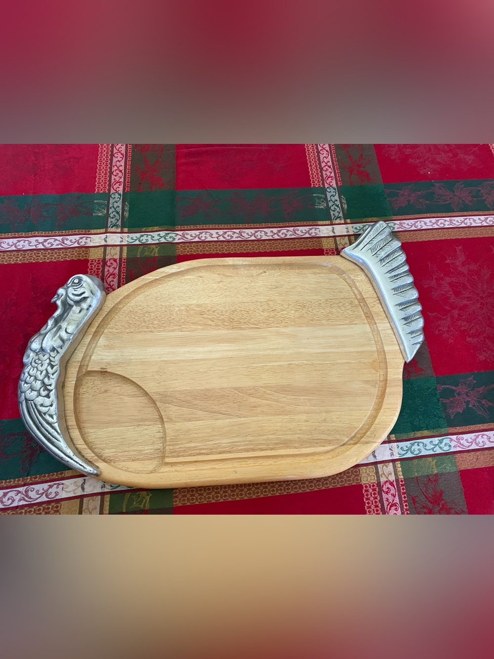 Turkey Shape Wood and Pewter Cutting Board Charcuterie Tray 24” Vintage New